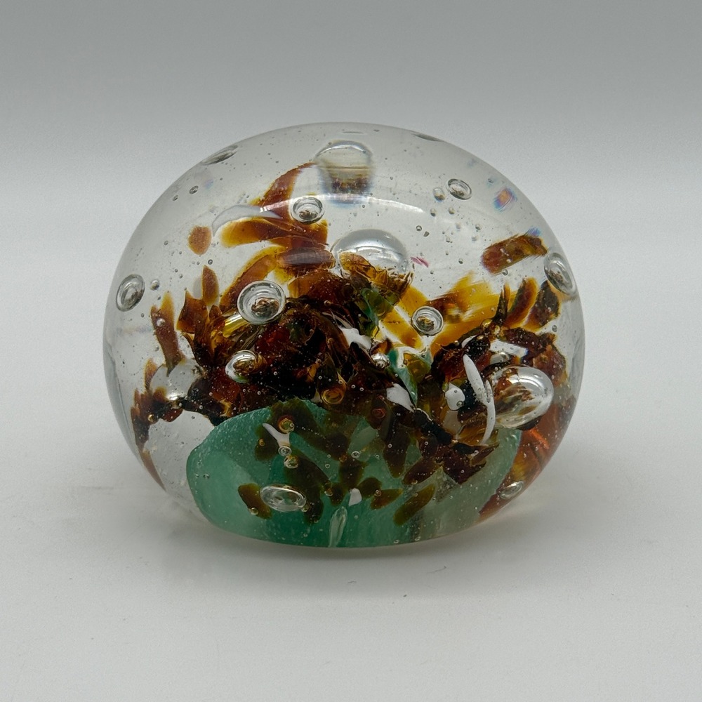 Artisan Signed Glass Paperweight Amber Green Controlled Bubble Fish Bowl Floral